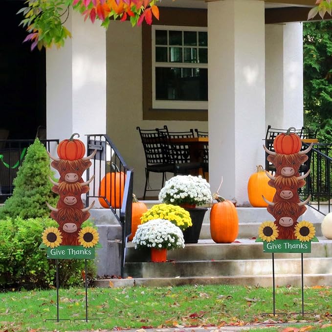Thanksgiving Outdoor Decorations 39.3" with GIve Thanks Sign and Sunflowers, Large Highland Cow Fall Garden Stakes for Yard Lawn, and Autumn Harvest Decorations