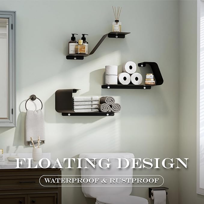 Floating Shelves, Wall Shelf, Set of 3 Wall Mounted Metal Shelves with Unique Design for Wall Storage, Book Shelf, Display Shelves for Bathroom Bedroom Kitchen Living Room for Home Black
