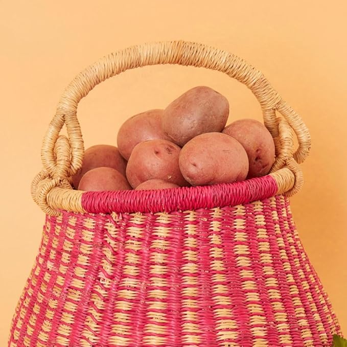 Kitchen Decor, Kitchen Storage, Fruit Basket, Wicker Basket, Woven, Shelf Decor, Decorative Basket, Harvestng Basket, Boho, African, Bolga, Pot Shape, 9" W, Small, Pink