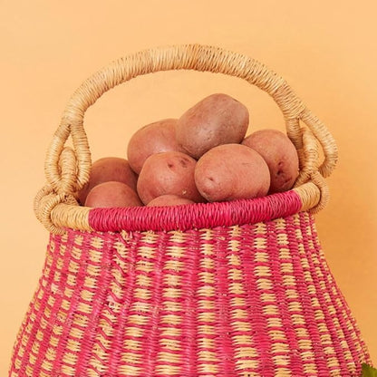 Kitchen Decor, Kitchen Storage, Fruit Basket, Wicker Basket, Woven, Shelf Decor, Decorative Basket, Harvestng Basket, Boho, African, Bolga, Pot Shape, 9" W, Small, Pink