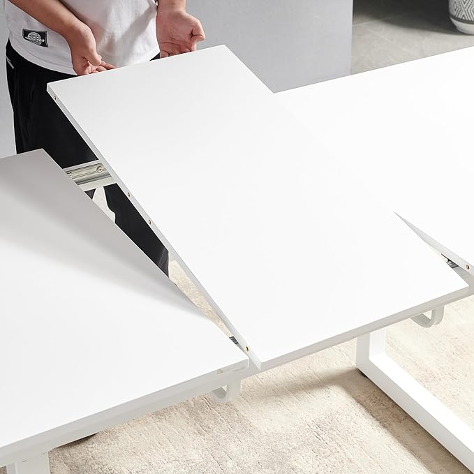 55''- 71'' Extendable Dining Room Table, Expandable Dining Table with Metal Leg, Modern Mid Century Large Table, for 2-6 Person, White