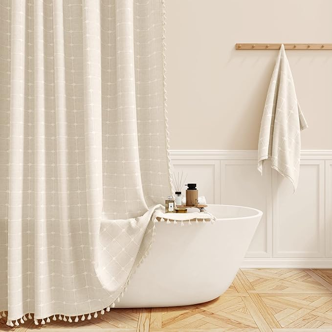 BTTN Boho Farmhouse Shower Curtain Set with Tassel - Linen Rustic Heavy Duty Fabric, Water Repellent, Modern Bohemian French Country Thick Bathroom Shower Curtains - Cream/Beige, 72x72