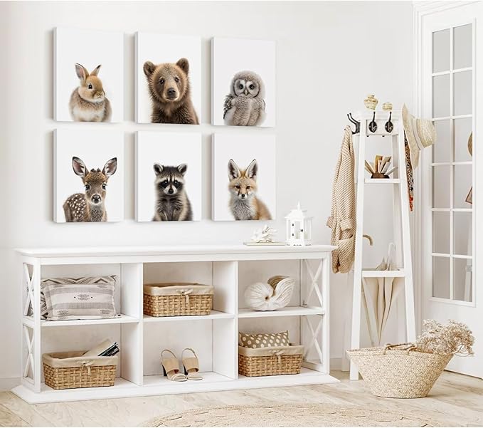 Nursery Animal Wall Art Pictures Baby Safari Canvas Wall Decor Jungle Woodland Wall Art Cute Animal Prints Paintings Nursery Kids Posters for Boys Girls Room Bedroom 12x16 Inch Wrapped Canvas Set of 6