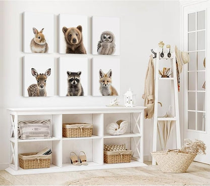 Nursery Animal Wall Art Pictures Baby Safari Canvas Wall Decor Jungle Woodland Wall Art Cute Animal Prints Paintings Nursery Kids Posters for Boys Girls Room Bedroom 12x16 Inch Wrapped Canvas Set of 6