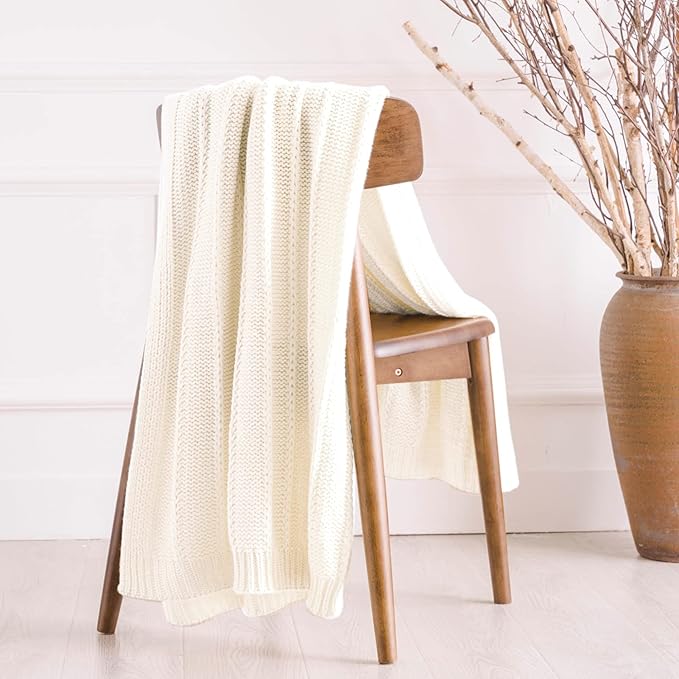 RECYCO Cable Knit Cream White Throw Blanket, Super Soft Warm Cozy Decorative Knitted Throw Blanket 2.3LB50"x60"
