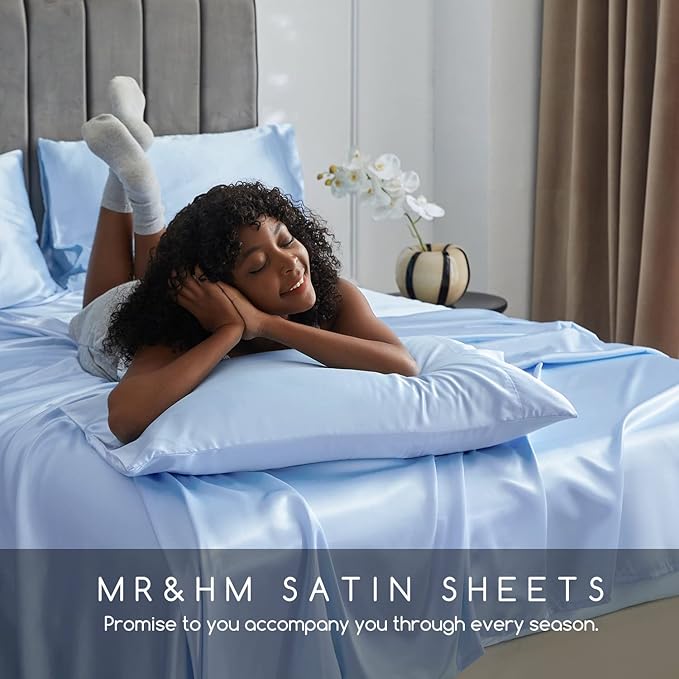MR&HM Satin Bed Sheets, Twin XL Size Sheets Set, 3 Pcs Silky Bedding Set with 15 Inches Deep Pocket for Mattress (Twin XL, Light Blue)
