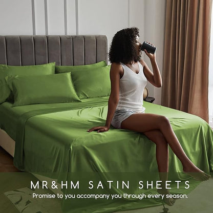 MR&HM Satin Bed Sheets, Full Size Sheets Set, 4 Pcs Silky Bedding Set with 15 Inches Deep Pocket for Mattress (Full, Sage)