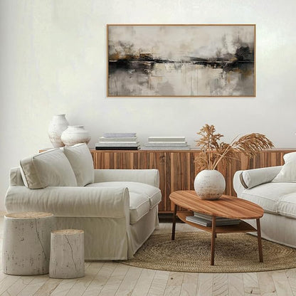 HOURIA Large Neutral Black Brown Framed Canvas Wall Art Set,Abstract Gray Wall Decor,Minimalist Beige Wall Painting,Modern Illustrations Tan Art Print for Living Room, Bedroom, Office- 40"x20"x1