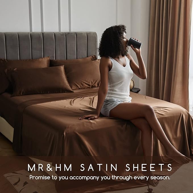 MR&HM Satin Bed Sheets, Queen Size Sheets Set, 6 Pcs Silky Bedding Set with 15 Inches Deep Pocket for Mattress (Queen, Brown)