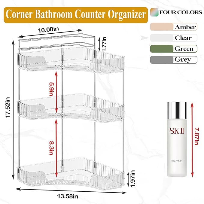 SUNZOS 3-Tier Corner Bathroom Counter Organizer, Bathroom Organizer Countertop with Makeup Brush Holder, Vanity Makeup Cosmetic Storage, Corner Storage for Kitchen, Dresser