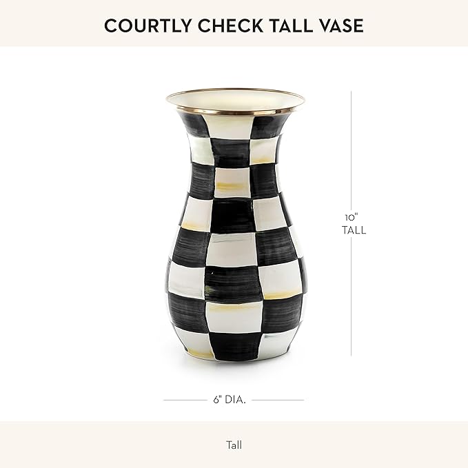 MACKENZIE-CHILDS Tall Enamel Vase, Unique Flower Vase, Decorative Table Decor for Living Room, Black-and-White Courtly Check