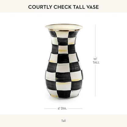 MACKENZIE-CHILDS Tall Enamel Vase, Unique Flower Vase, Decorative Table Decor for Living Room, Black-and-White Courtly Check
