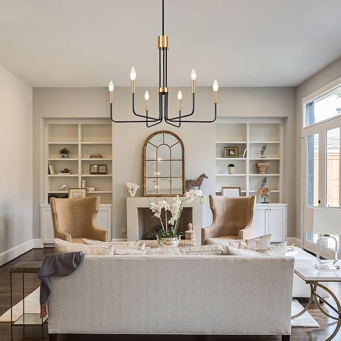 Modern Black and Gold Chandelier,6-Light Farmhouse Chandelier for Dining Room Light Fixtures Ceiling Hanging Industrial Chandelier Light Fixture for Kitchen Living Room Bedroom Entryway