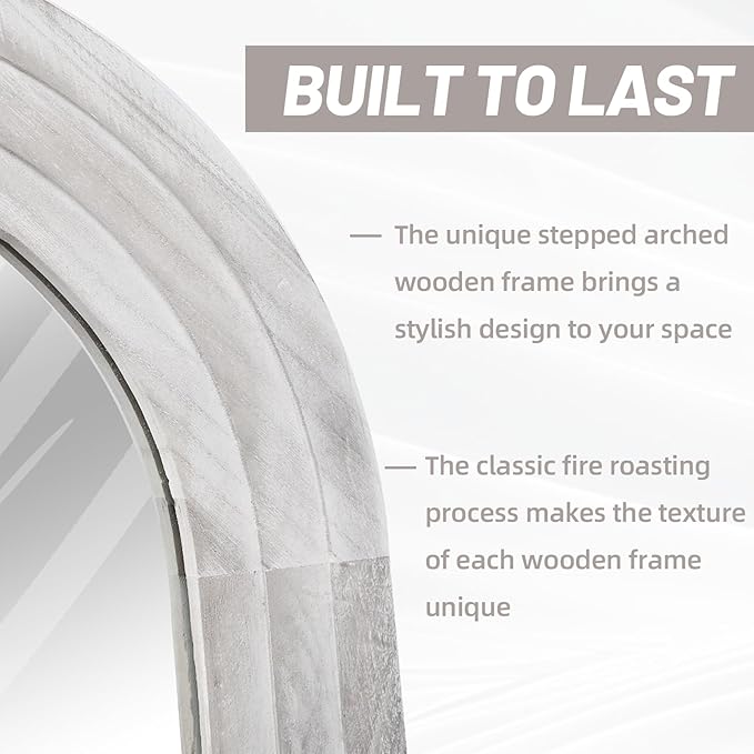 Arched Full Length Mirror with Solid Wood Frame, 71x32 Farmhouse Wall Mirror Full Length with Stand, Vertical Hanging, Leaning Standing for Bedroom, Living Room, Rustic White