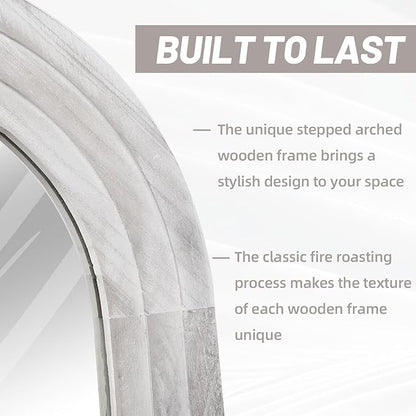 Arched Full Length Mirror with Solid Wood Frame, 71x32 Farmhouse Wall Mirror Full Length with Stand, Vertical Hanging, Leaning Standing for Bedroom, Living Room, Rustic White