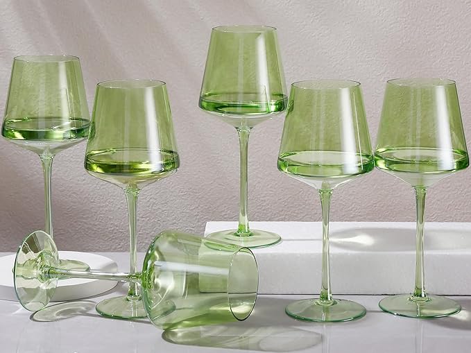 Physkoa Green Wine Glasses Set - 6-16oz Modern Colored Glassware With Tall Long Stem and Flat Bottom for Spring Home Party