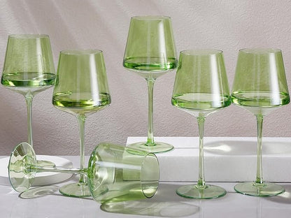 Physkoa Green Wine Glasses Set - 6-16oz Modern Colored Glassware With Tall Long Stem and Flat Bottom for Spring Home Party