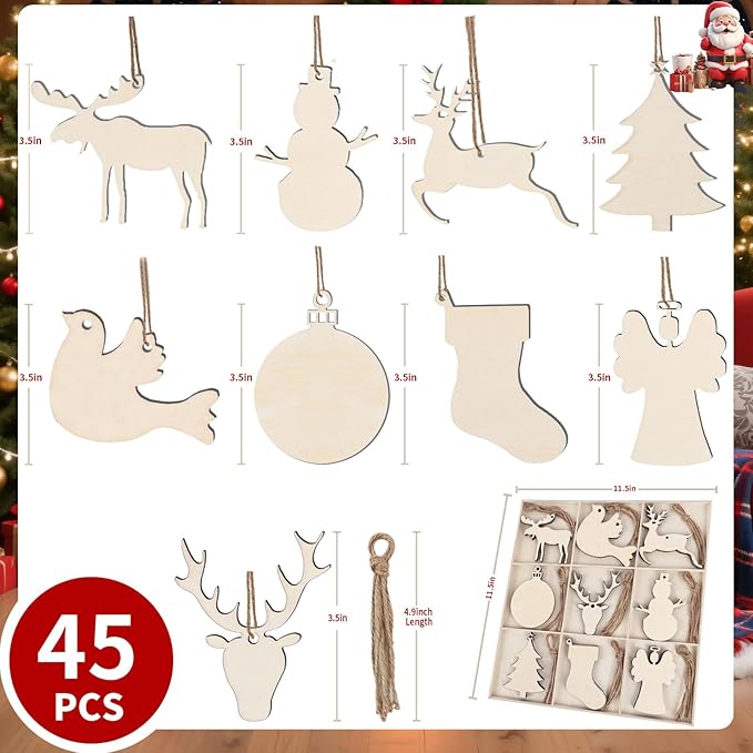 MACTING 45PCS Wooden Christmas Ornaments Unfinished Predrilled Natural Wood Slices DIY Blank Hanging Ornaments Kit for Crafts Centerpieces Christmas Tree Decorations, 9 Styles
