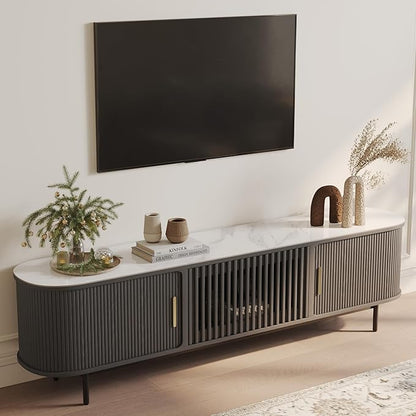 POVISON Sliding Tambour Door TV Stand, Mid Century Modern Sintered Stone TV Console, Wood Media Console for 75 Inch TV, Entertainment Center with Storage Cabinet, Fully-Assembled (Black, 78.74")