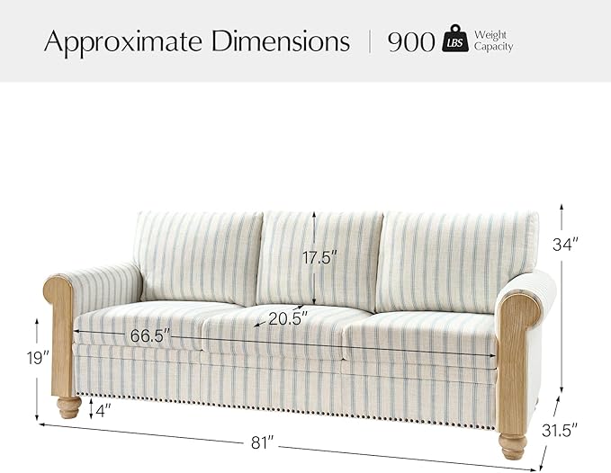 EcoHarbor Living 3-Seater Couch, Stripe 81" Mid-Century Modern Upholstered Sofa with Armrests, Stripe Couches for Living Room, Bedroom, Office, Apartment, Blue