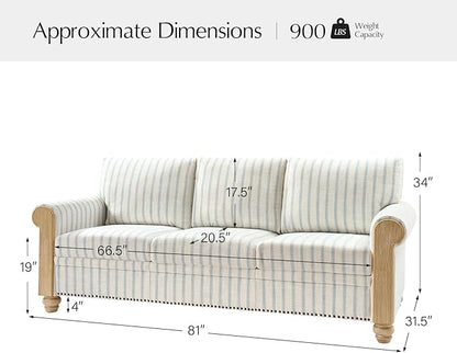 EcoHarbor Living 3-Seater Couch, Stripe 81" Mid-Century Modern Upholstered Sofa with Armrests, Stripe Couches for Living Room, Bedroom, Office, Apartment, Blue