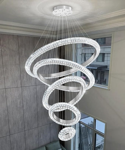 5 Ring Large Crystal Chandelier Modern LED Dimmable High Ceiling Chandelier Ring Contemporary Pendant Light Fixture for Living Room Foyer Staircase Gold D40''