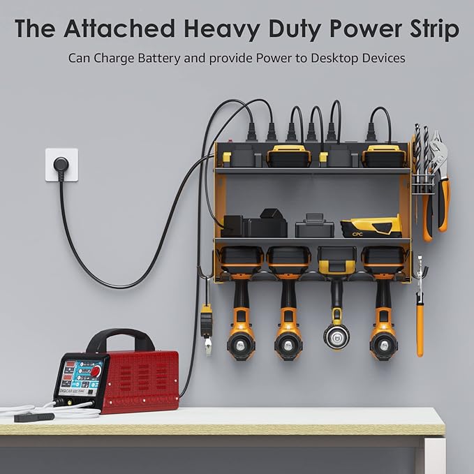 CCCEI Set Power Tool Organizer Wall Mount with Charging Station. Garage 4 Drill Storage Shelf with Hooks, Heavy Duty Metal Tool Battery Charger Organizer. Shop Utility Rack with Power Strip Yellow.