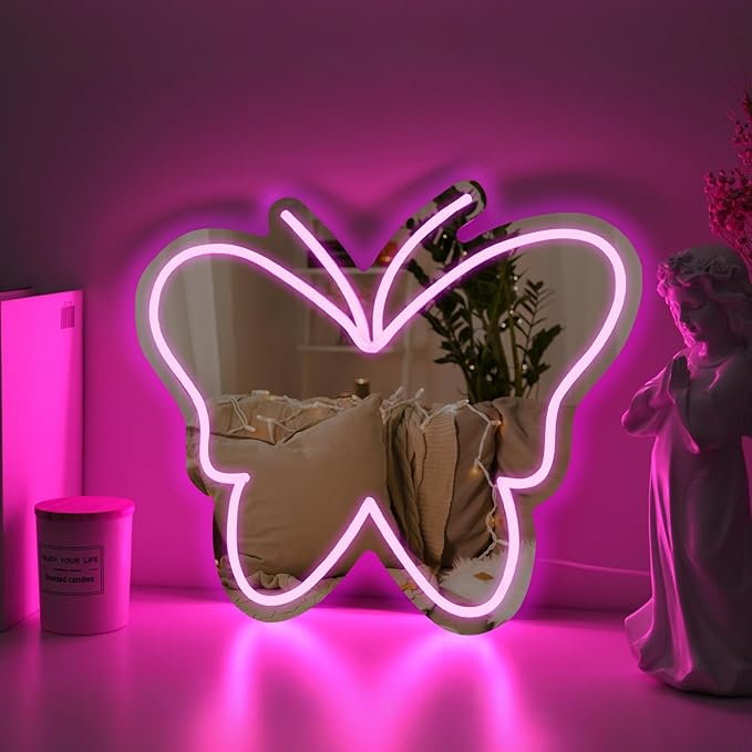 Butterfly Mirror Neon Sign Dimmable USB LED Neon Lights for Ideal Home Decor for Bedroom, Kidsroom, Living Room Parties, Christmas Birthdays Gifts for Girls Women, Boho Mirror Wall Sign Art Gift-pink