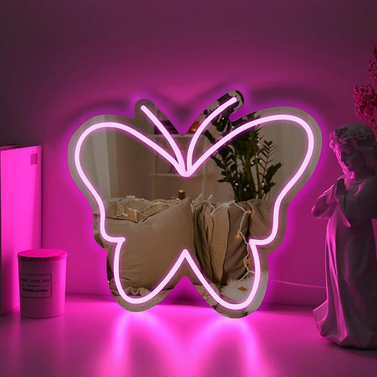 Butterfly Mirror Neon Sign Dimmable USB LED Neon Lights for Ideal Home Decor for Bedroom, Kidsroom, Living Room Parties, Christmas Birthdays Gifts for Girls Women, Boho Mirror Wall Sign Art Gift-pink