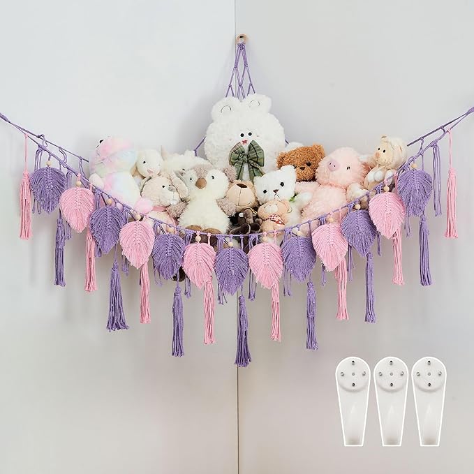 Pretty Jolly Stuffed Animal Storage with Hand Woven Leaf Tassels Hammock Corner Hanging Net Boho Macrame Plush Storage for Kid Room Nursery Decor Wall Display Organizer for Girls Boy Gift(Purple)