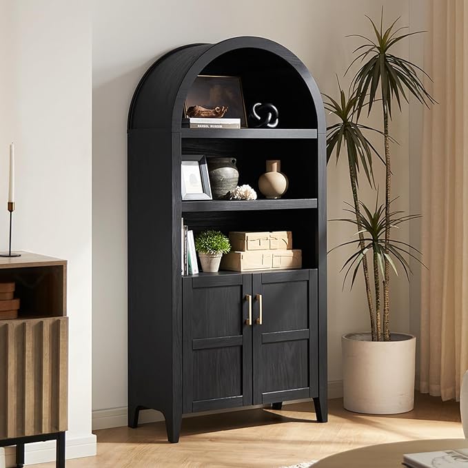 mopio Lauren 65.4" Short Arched Cabinet, 5-Tier Arched Bookcase with Doors and Shelves, Mini Arch Bookshelf with Storage, Wooden Storage Cabinet for Living Room and Kitchen Pantry (Black Accent)