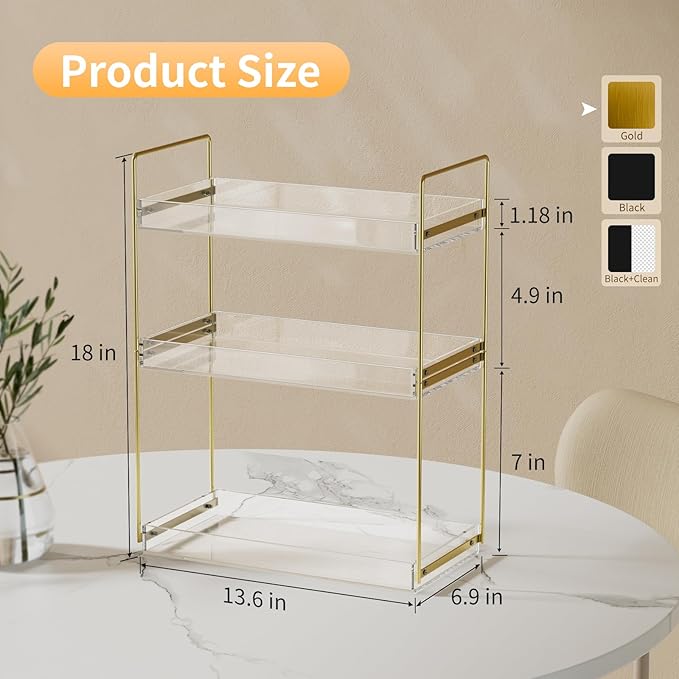 Bathroom Countertop Organizer, 3 Tier Acrylic Tray Vanity Counter Skincare Organizer Shelf, Kitchen Under Sink Standing Rack, Home Storage Holder for Lotion Makeup Cosmetics Perfume Spice, Gold