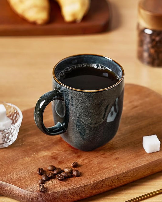 famiware Coffee Mugs Set of 4, Ocean Square 13oz Coffee Cup Set with Handle for Cocoa, Milk, Hot Chocolate, Stoneware Cups for Kitchen, Reactive Glaze, Microwave and Dishwasher Safe, Deep Forest