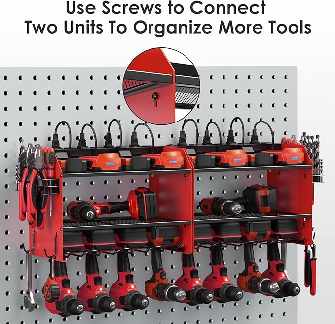 CCCEI Modular Power Tool Organizer Wall Mount with Charging Station. Garage 4 Drill Storage Shelf with Hooks, Screwdriver, Drill Bit Heavy Duty Rack, Tool Battery Holder Built in 8 Outlet Power Strip.
