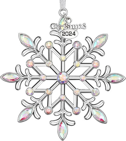 Christmas Snowflake Ornaments 2024 Decor for Christmas Tree Metal Hanging Rhinestones Glitter Crafts Snow Flake Decorations Indoor for Holidays Winter Home Window Room Door-Silver