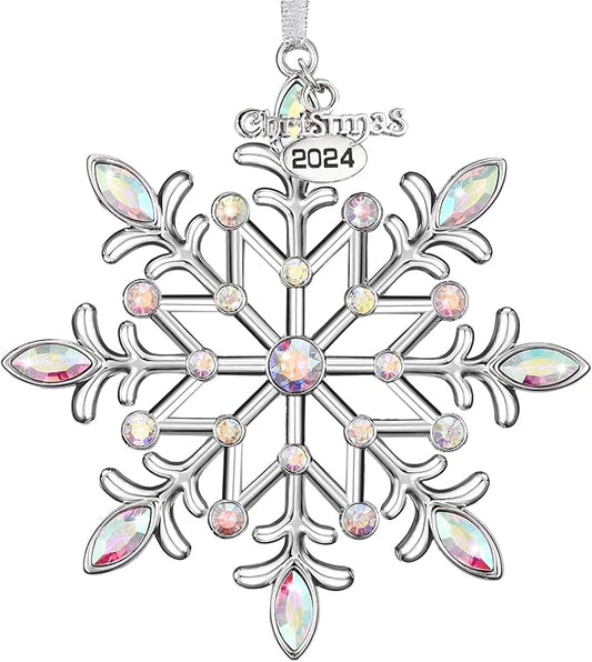 Christmas Snowflake Ornaments 2024 Decor for Christmas Tree Metal Hanging Rhinestones Glitter Crafts Snow Flake Decorations Indoor for Holidays Winter Home Window Room Door-Silver