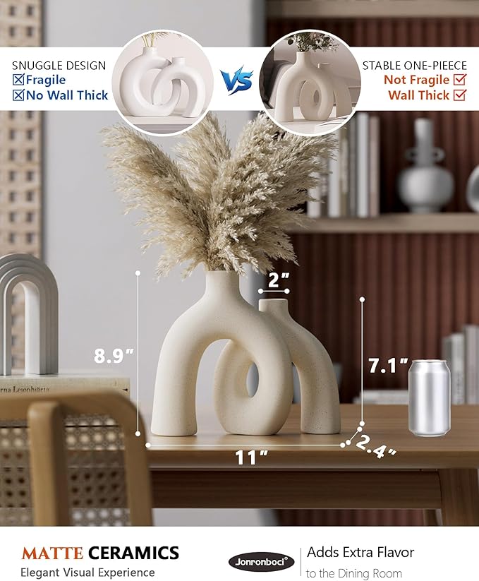 Hug Donut Decorative Vase Set - Modern Nordic Boho Style Vases Home Decor, Matte Ceramic Decorations for Living Room Shelf, Bookshelf Mantle Entryway Table or Console Décor (Cream White)