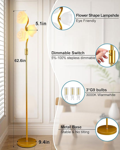 Dimmable Gold Floor Lamp with 3 Flower Lampshades, Modern Floral Standing Lamps with Warm White 3000K Bulbs, Mid Century Floor Lamp for Living Room Bedroom Home Decor