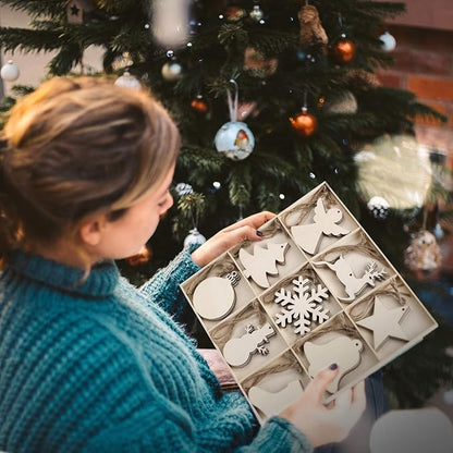 MACTING 27PCS Wooden Christmas Ornaments Unfinished Predrilled Natural Wood Slices DIY Blank Hanging Ornaments Kit for Crafts Centerpieces Christmas Tree Decorations, 9 Styles