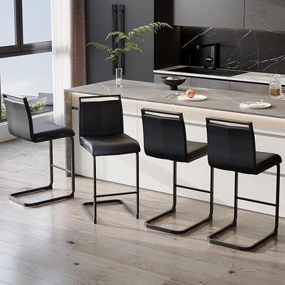 Bar Stools Set of 4,25" Counter Height Bar Stools with Footrest,Black Faux Leather Kitchen Stool with Black Painted Metal Leg,Counter Height Stool Ideal for Island Pub Kitchen Counter Dining Chair