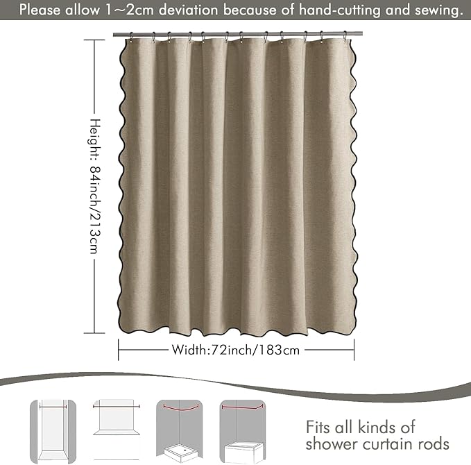 MIULEE 84" Long Scalloped Shower Curtain Linen Textured with 12 Metal Hooks Cute Extra Long Heavy Duty Washable Waterproof Cloth Shower Curtains with Black Border for Bathroom Hotel Bathtub,Khaki