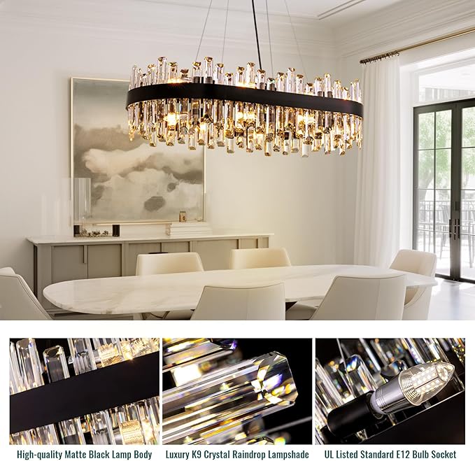 Siljoy Modern Crystal Chandelier for Dining Room, 16-Light Black Oval 2-Tiers Crystal Raindrop Chandelier, Farmhouse Dimmable Crystal Pendant Ceiling Light for Living Room Kitchen Island L35.4''