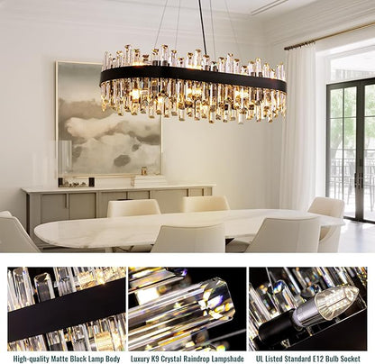 Siljoy Modern Crystal Chandelier for Dining Room, 16-Light Black Oval 2-Tiers Crystal Raindrop Chandelier, Farmhouse Dimmable Crystal Pendant Ceiling Light for Living Room Kitchen Island L35.4''