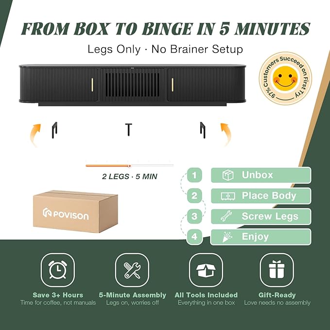 POVISON Fully-Assembled Mid Century Modern TV Stand for 75+ inch TV, Sliding Door Entertainment Center with Storage, Wood TV Console, Media Console for Living Room Bedroom(Black, 94.49")