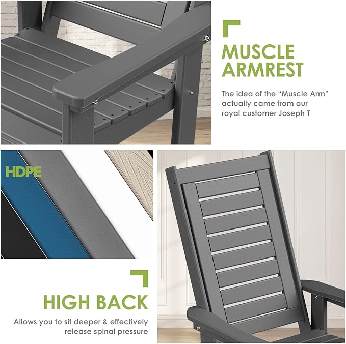 GREENVINES Outdoor Rocking Chairs | Set of 2 | Porch Rocker | HDPE Plastic | Grey | Oversized Rockers | High Back | Big & Tall | Ladder Back | for Patio Outside Backyard Balcony Garden