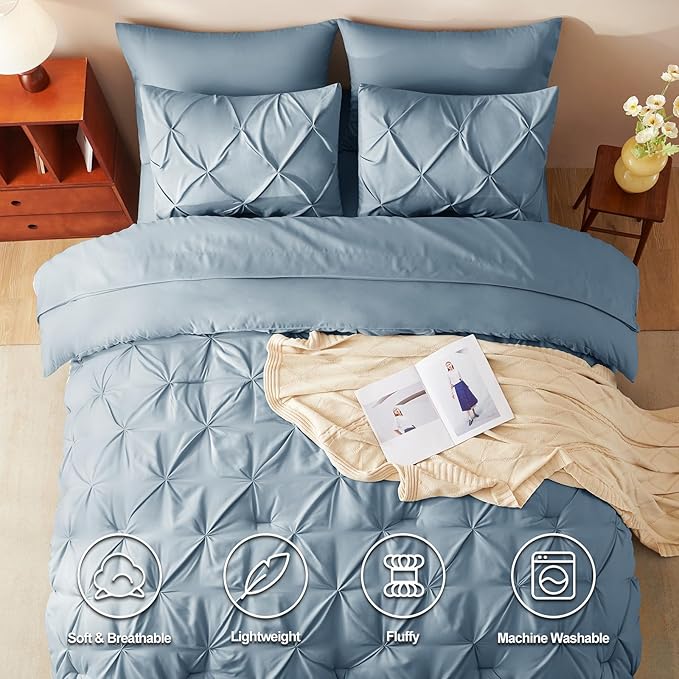 CozyLux Full Size Comforter Sets Mineral Blue, 7 Pieces Pintuck Bed in A Bag Blue Comforter Full Size, Pinch Pleat Bedding Sets with All Season Comforter, Flat Sheet, Fitted Sheet, Pillowcases & Shams
