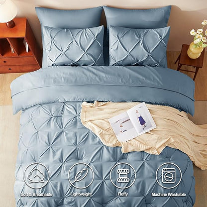 CozyLux Queen Comforter Set Mineral Blue, 7 Pieces Pintuck Bed in A Bag, Premium Blue Comforter Queen Size, Pinch Pleat Bedding Sets with Comforter, Flat Sheet, Fitted Sheet, Pillowcases & Shams