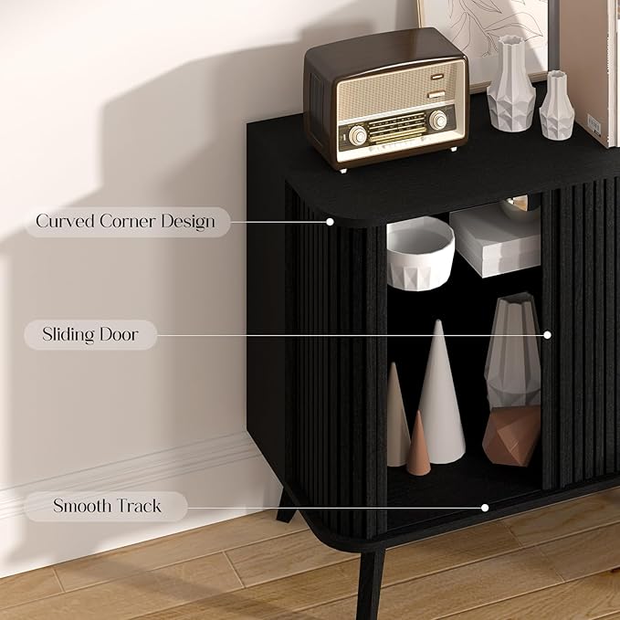 Fluted Sideboard Buffet Cabinet with Storage, 27” Curvy Edge Accent Storage Cabinet with Sliding Doors & Shelves, Modern Sideboard Credenza Console for Kitchen, Living Room, Entryway, Black