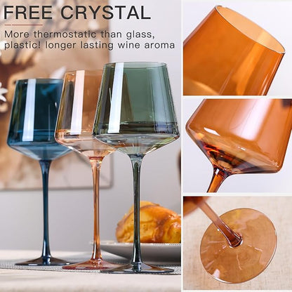 Hand Blown Colored Wine Glasses Set of 6-18oz Multi Colored Square Wine Glasses with Tall Long Stems and Flat Bottom,Crystal Colorful Wine Glass-Wedding,Birthday Gifts Gifts