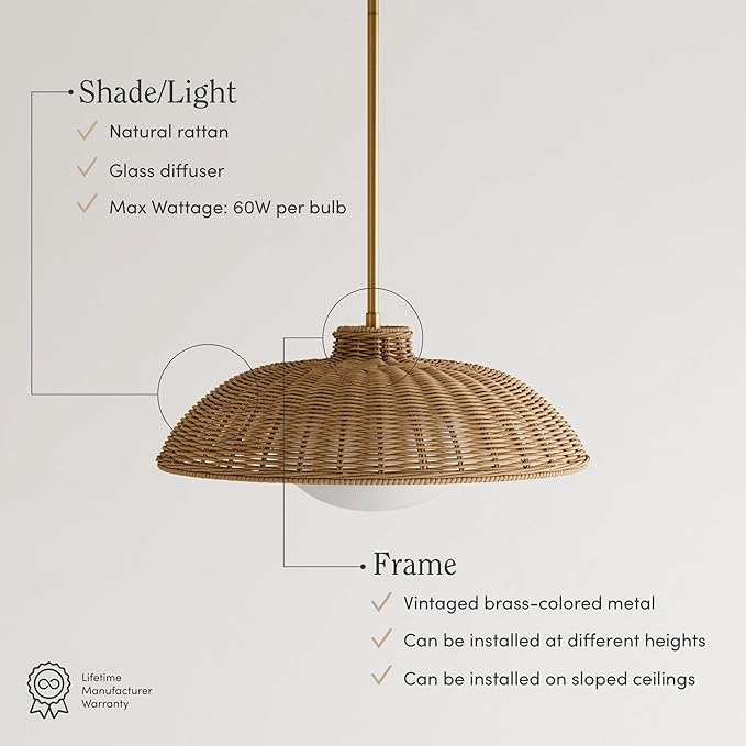 Nathan James Belleville Boho Rattan Pendant Light, Sloped Ceiling Pendant Light with Rattan Shade